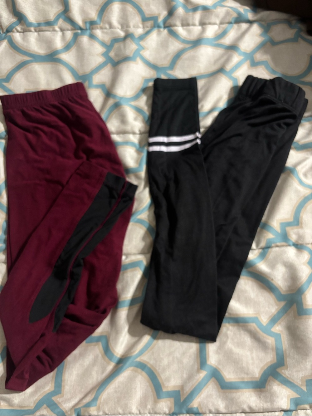 Burgundy leggings with sheer fabric at the ankles and Rue21 Black Leggings